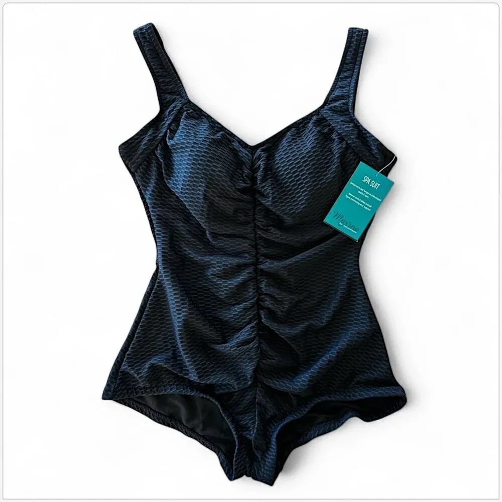 Maxine of Hollywood Black Textured Spa Shirred Front One Piece Swimsuit NWT 16